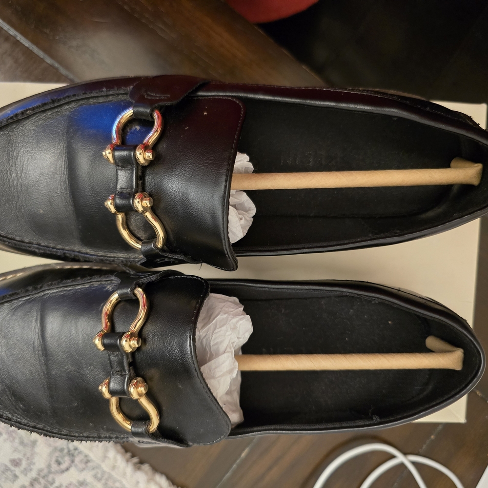 Anne Klein Ezra Black Loafers with Gold Buckle Accents